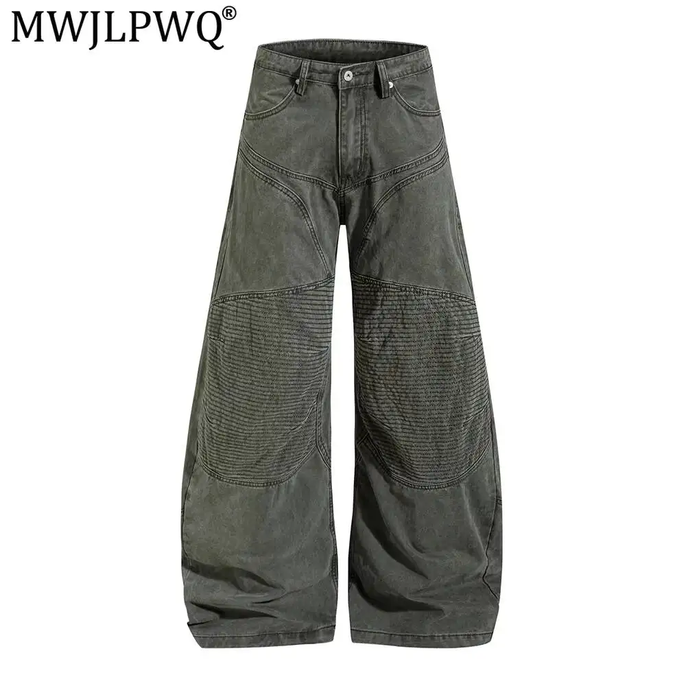 MWJLPWQ American Retro Distressed Pants Men Trend Style Heavy-Duty Deconstructed Patchwork Design Curved Wide-Leg Trousers 20258
