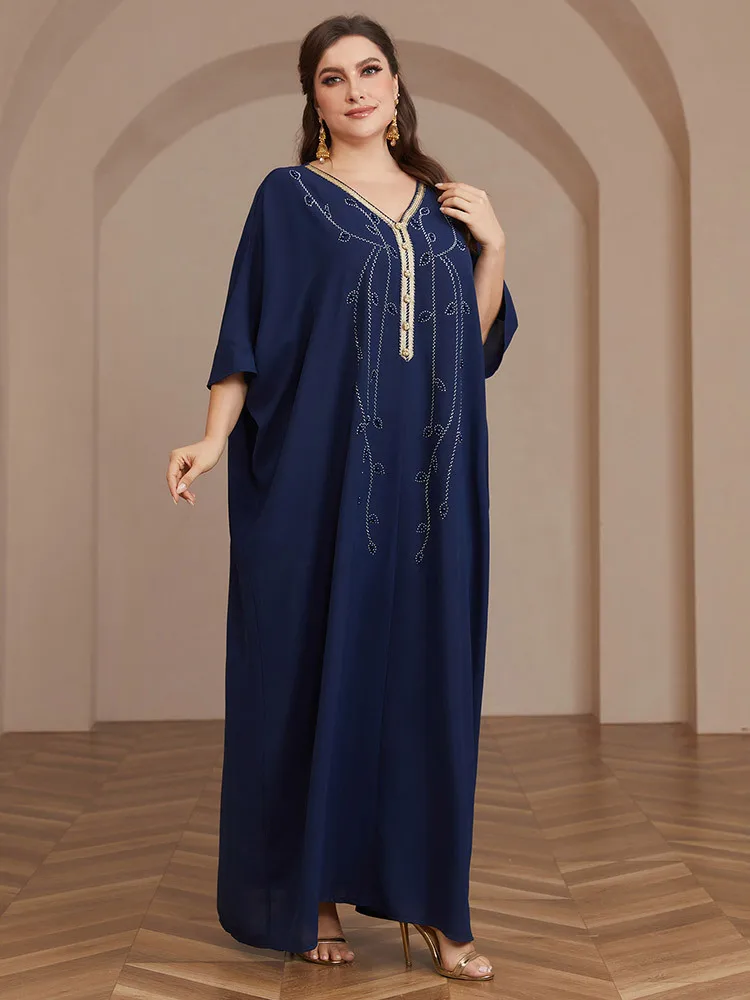 Morocco Eid Party Loose Muslim Abaya Diamond for Plus Size Women Short Sleeve Maxi Dress Turkey Dubai Kaftan Islamic Caftan Robe