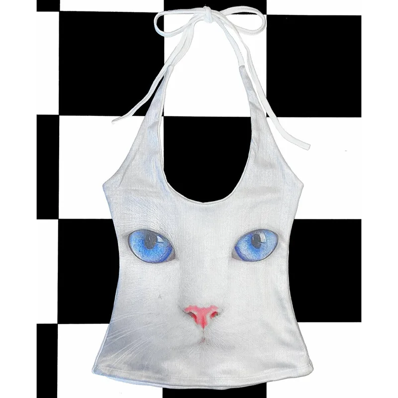 Y2K Weißes Katzen-Print Camisole-Top mit Neckholder-Trägern, schmal geschnittenes Retro-Top für Damen
