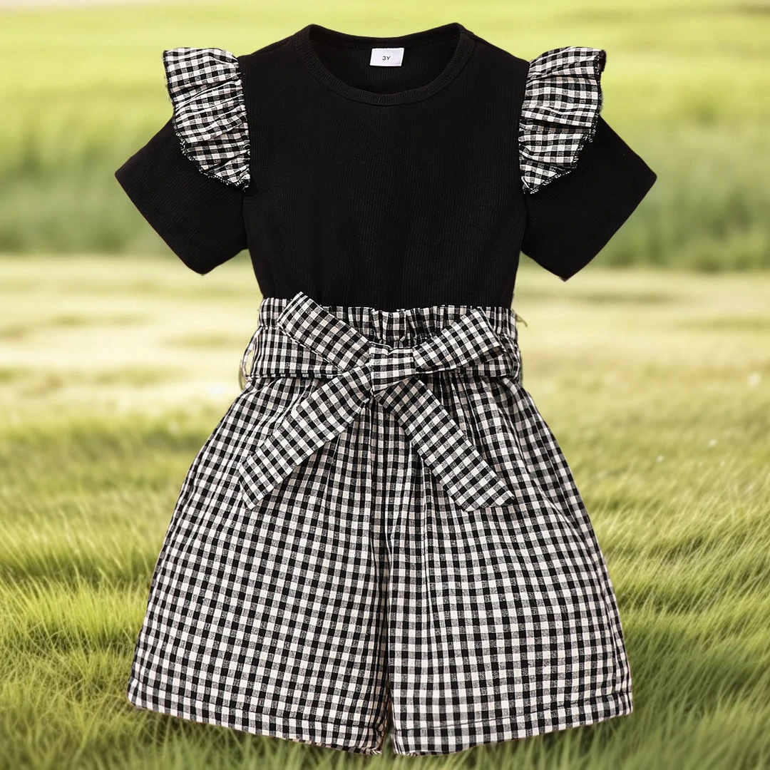 Summer Plaid Kids Girl 3-7 Years Old Short Sleeve T-shirt Plus Short Plus Belt Casual Cute Girls Clothes Set for Young Girls