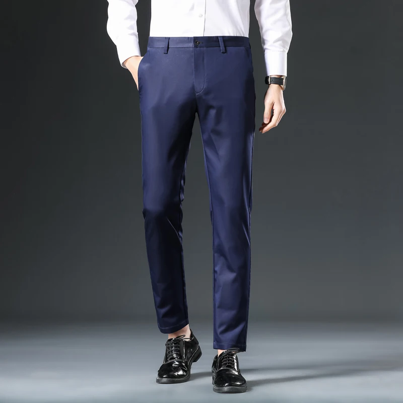 Ultra-thin Elastic Men's Casual Trousers Summer Quick-drying Ice Silk Slim Straight Business Solid Color Trousers Black Gray