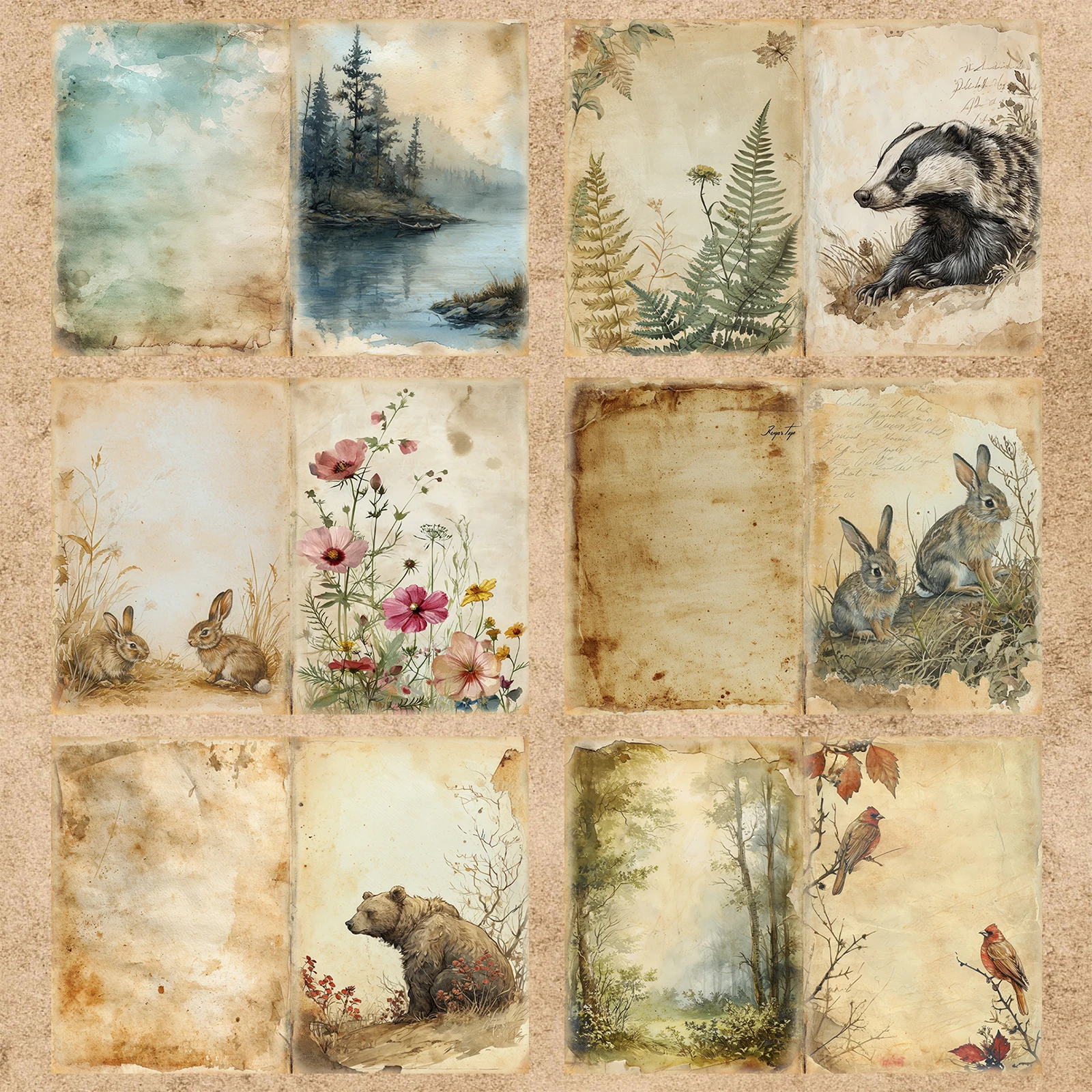 16 Sheets A5 Size Wild Animals Forest Lakeside Background Vintage Grunge Journal Planning Scrapbooking