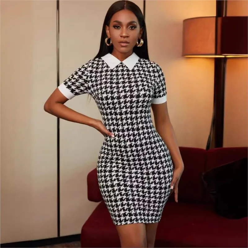 Elegante turn-down colarinho manga curta bodycon mini vestido nova moda feminina houndstooth impressão casual festa magro lápis vestidos