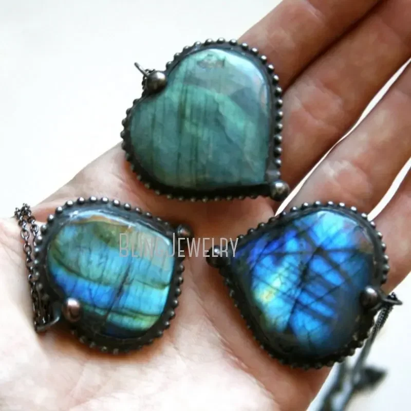 10pcs Tumbled Heart Labraorite Stone Chain Necklace Women Witch Goth Wicca Love Talisman Chakra Halloween Boho Jewelry 