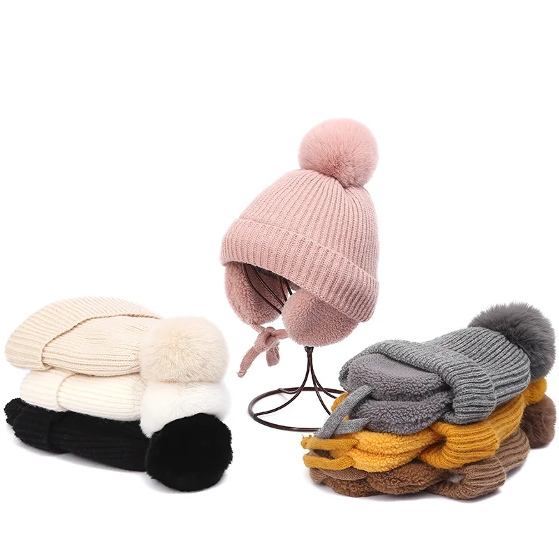 2-8T Baby Hat Wool Plush Children's Knitted Cap For Girls Boys Big Pompom Beanie With Earflap Winter Thick Warm Kids Accessories