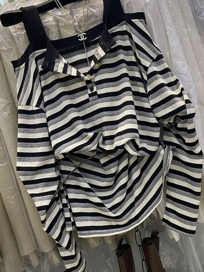 

plus Size 300 Pou Korean Sle Loose Striped oulder Bared Long Sve Women's T-irt Autumn Winter Slimming Top