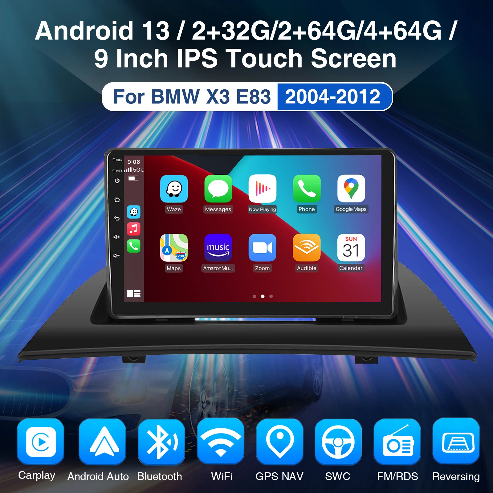 ESSGOO 9" Android 13 Car Stereo Radio Wireless Carplay/Android Auto Touchscreen GPS Nav Bluetooth RDS For BMW X3 E83 2006-2010