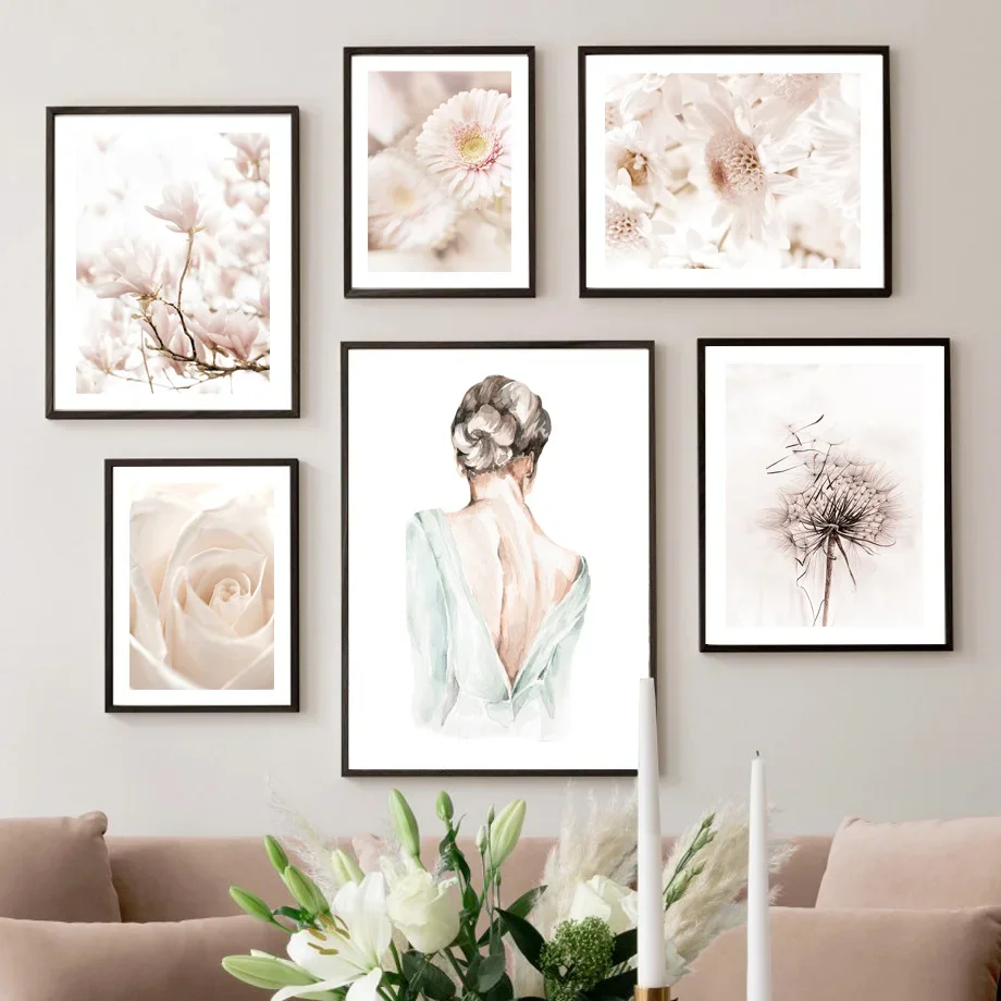 

Beige Flower Dandelion Daisy Rose Wall Art Canvas Painting Girl's back view Posters And Prints Wall Pictures Living Room Decor