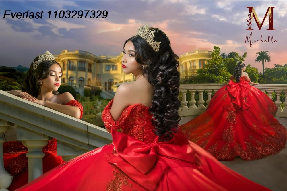 EVLAST Customized Red Quinceanera Dress Ball Gown Sequins Lace Applique Beading Bow Corset Sweet 16 Vestido De 15 Anos TQD983