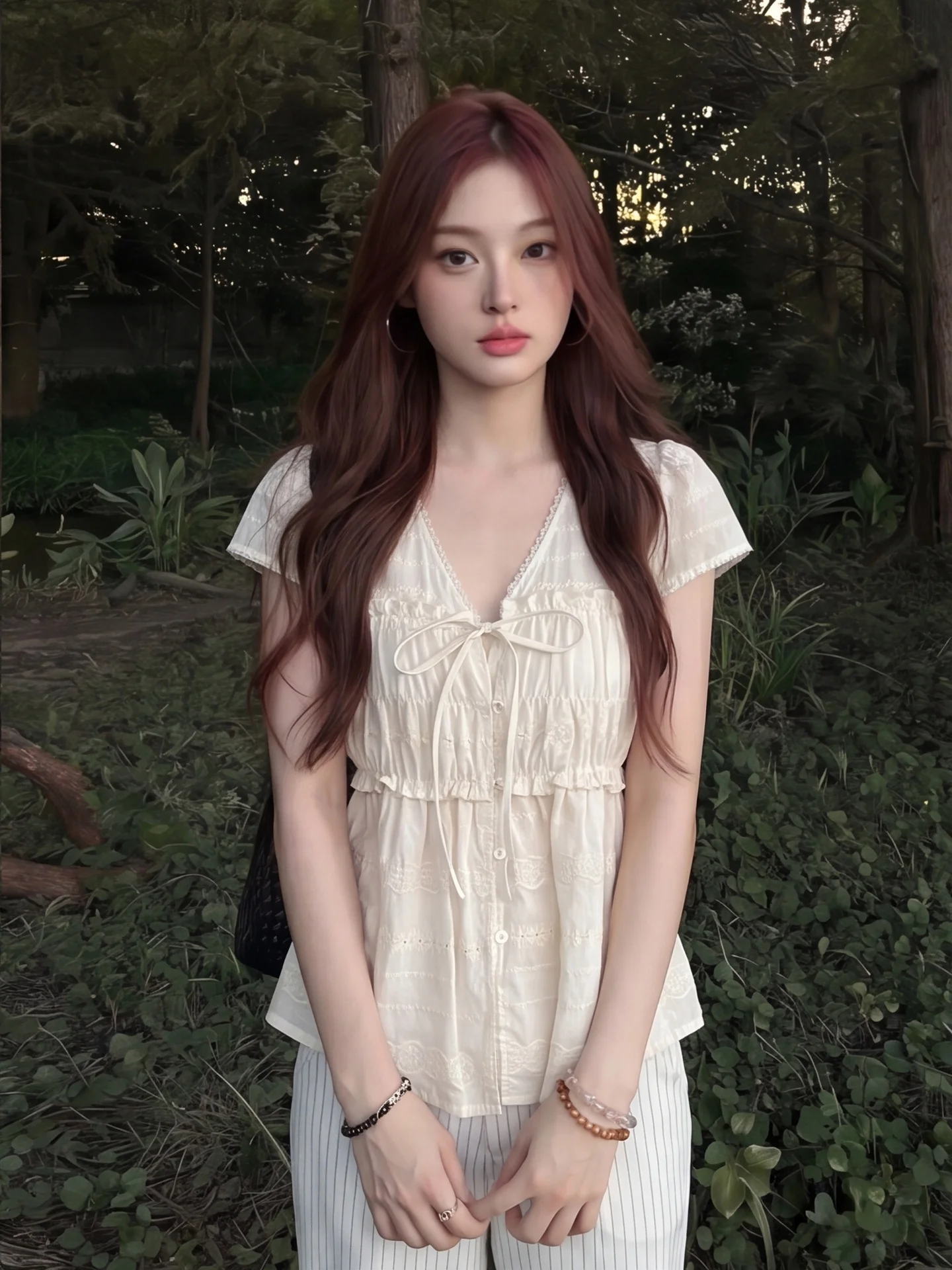 French Style Embroidered Floral Short Sleeve Shirt Women's Summer Slim Fit Shirt V Neck Tie Waist Beautiful Gathered Top