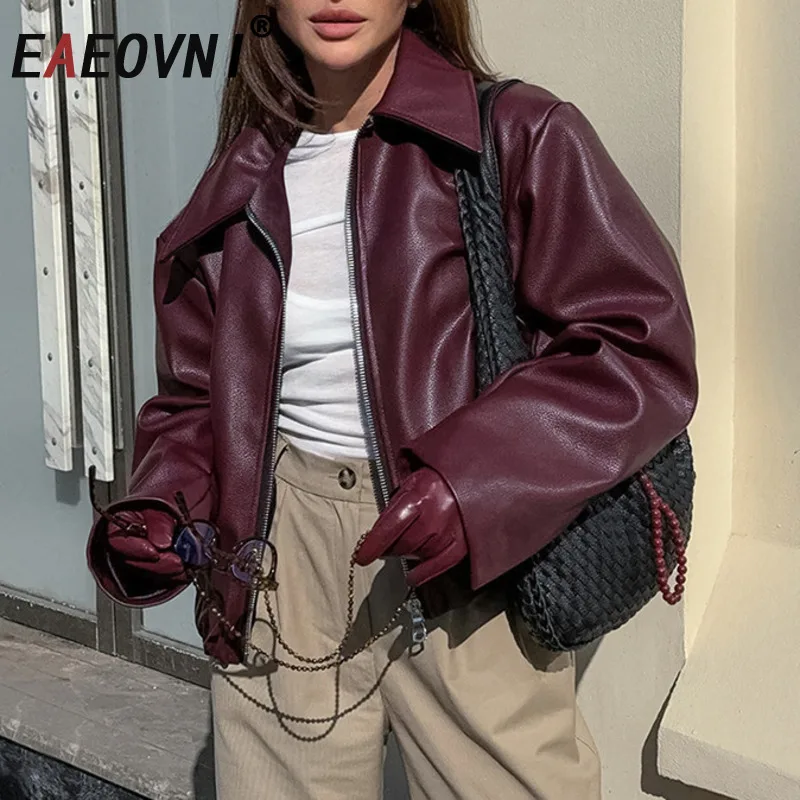 EAEOVNI الشارع الشهير سترة جلدية PU المرأة موضة بلون التلبيب سحاب أكمام طويلة معطف قصير موضة الخريف الشتاء جديد