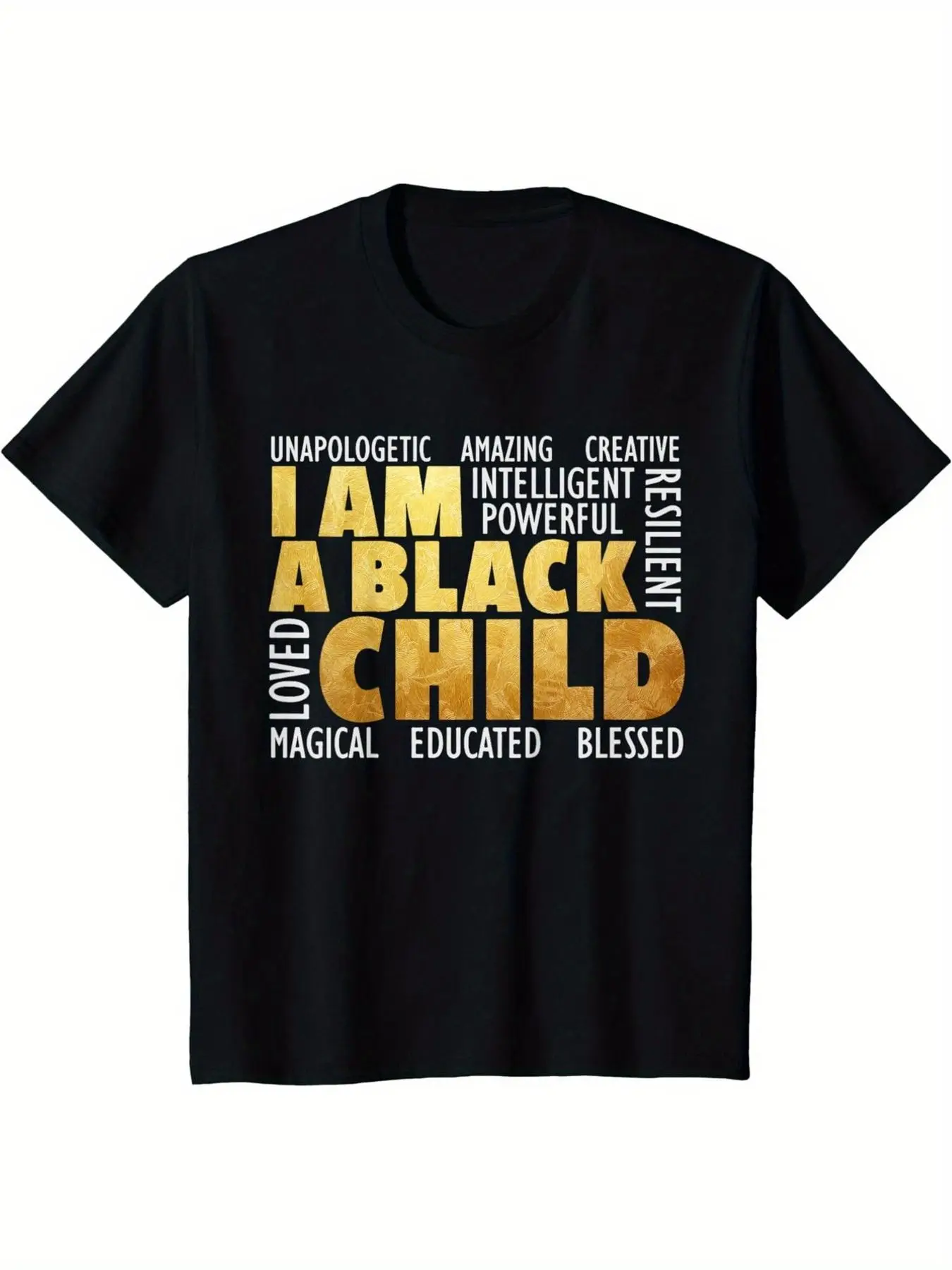 I AM A BLACK CHILD Motivational T-Shirt - Bold Yellow Text with Gold Texture, Creative & Empowering Design Celebrating Identity, Perfect for Affirmation and Positive Vibes in Every Occasion