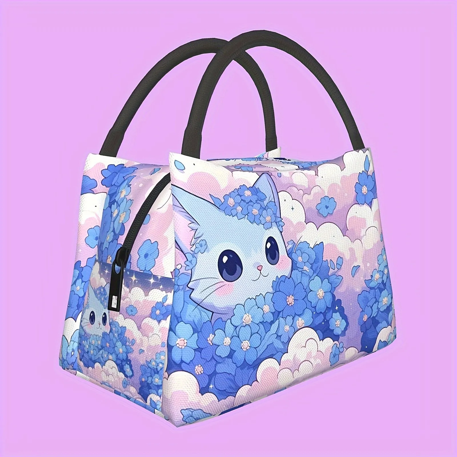 Kawaii Blue Cat Flower Print Insulated Lunch Bag Durable Oxford Fabric Keep Food Fresh Tote