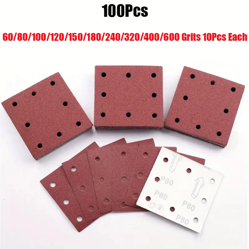 100pcs 110x 115mm 8-hole sandpaper, velcro backing and 8-hole design suitable for orbital sander, used for sanding and polishing