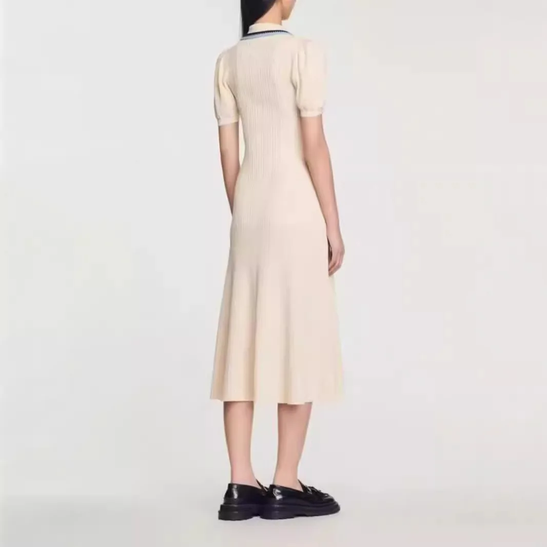 

Spring Summer 2026 New Fashion Knitted Maxi Dress Luxury Pockets Design Turn-down Collar Long Shirt Dress Lady Sweater Robes
