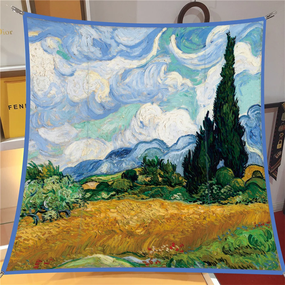 90CM Hot Sell Twill Silk Scarf Fashion Shawl Brand Van Gogh Oil Painting Square Scarf Women Hijab Bandana Foulard Head Scarves