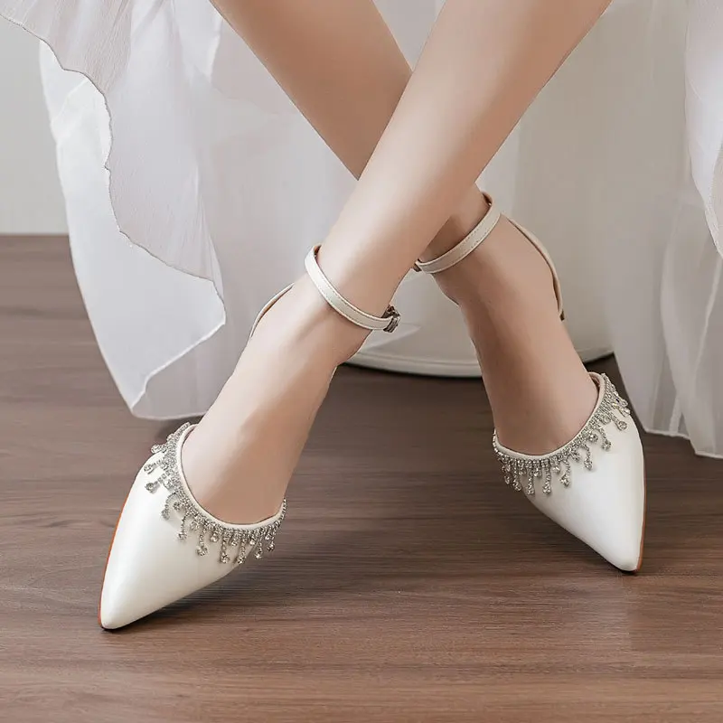 

White Leather Wedding Shoes Sandals for Women Summer Bridal Flat Comfortable Strappy Tassel Chain Hollow Design