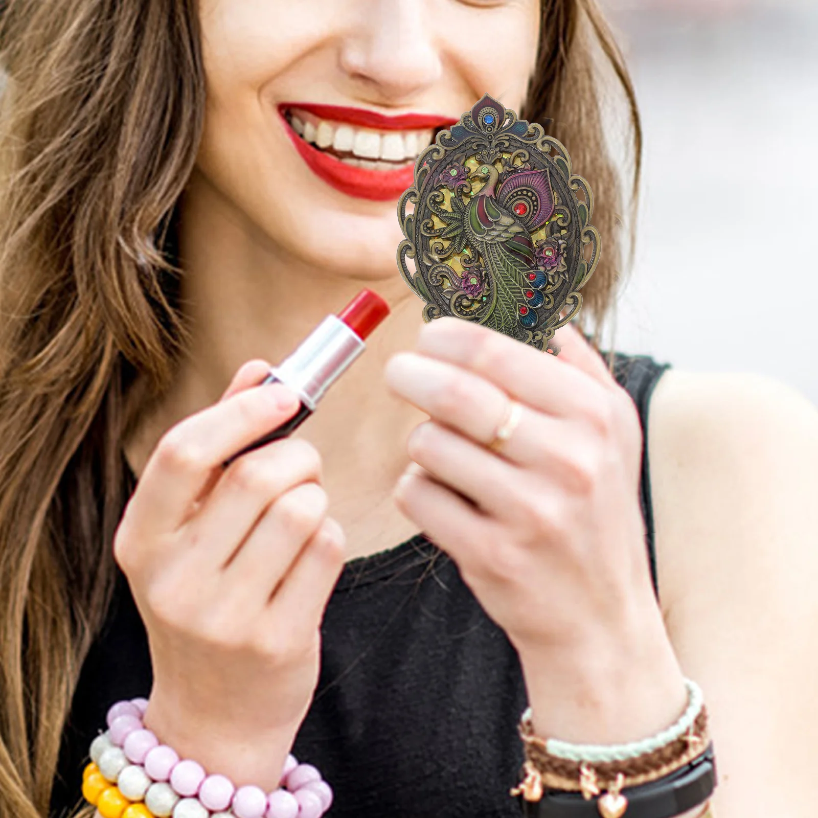 1세트 빈티지 공작새 메이크업 거울 유리 금속 휴대용 콤팩트 장식용 여행용 거울 여성용 선물