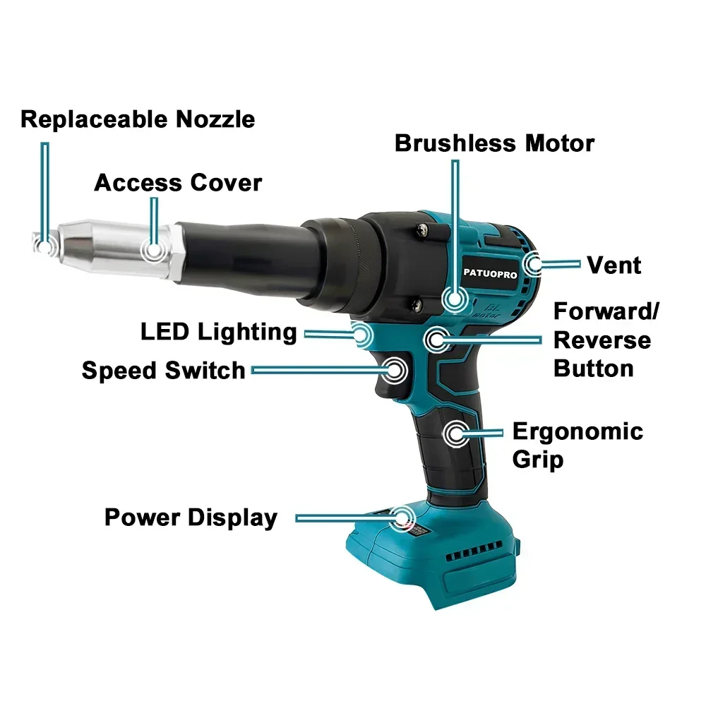 Patuopro pistola rebitadora elétrica sem escova, sem fio, 5.0mm, ferramentas elétricas domésticas, chave de fenda com luz led para makita, bateria de 18v