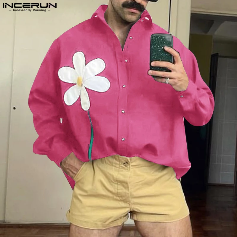 

INCERUN 2025 Men Shirt Flower Printing Streetwear Lapel Long Sleeve Loose Casual Men Clothing Oversize Fashion Male Shirts S-5XL