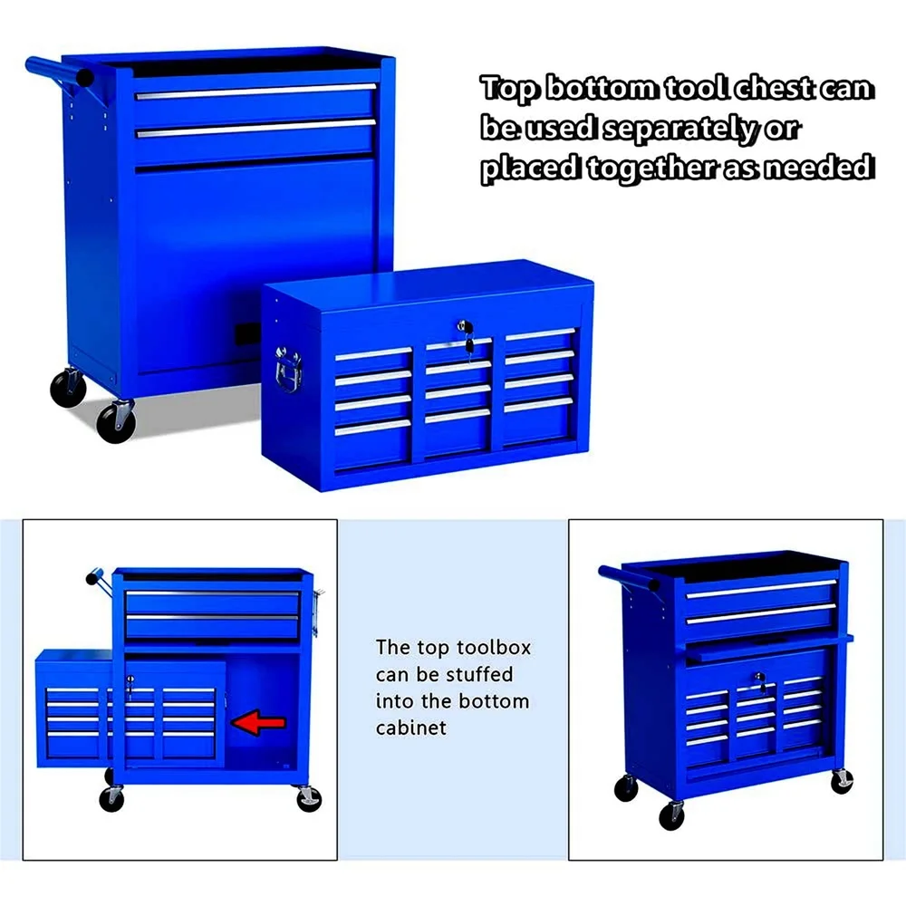 2 in 1 Rolling Tool Chest Cabinet with Locking System 8 Drawers Durable Steel Tool Storage Garage Organization Portable Tool Box