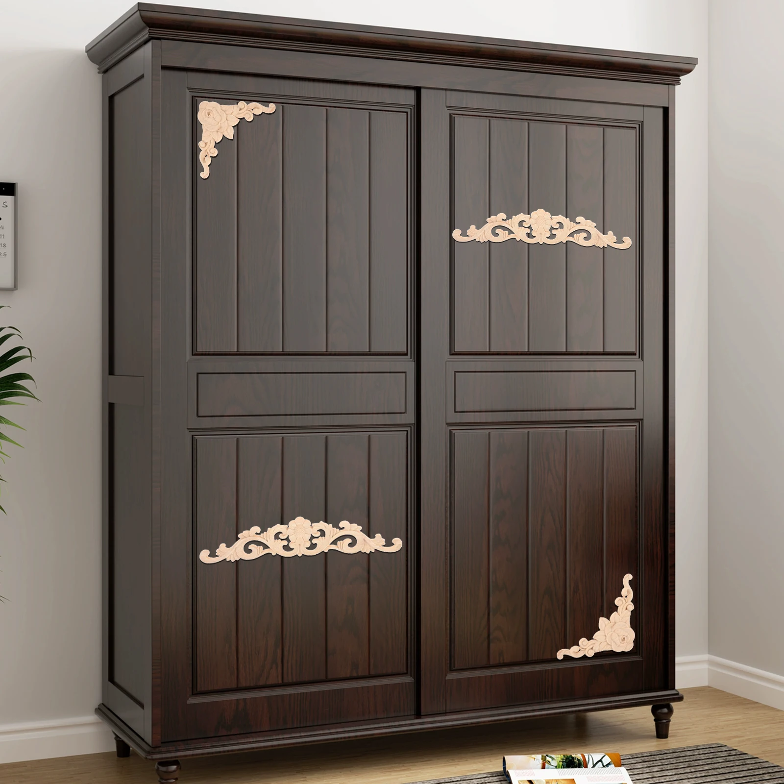 5pcs Wooden Appliques Solid Wood Rose Corner Horizontal Strip Hollow Branch 10cm-30cm Furniture Onlays Decor Door Cabinet Bed
