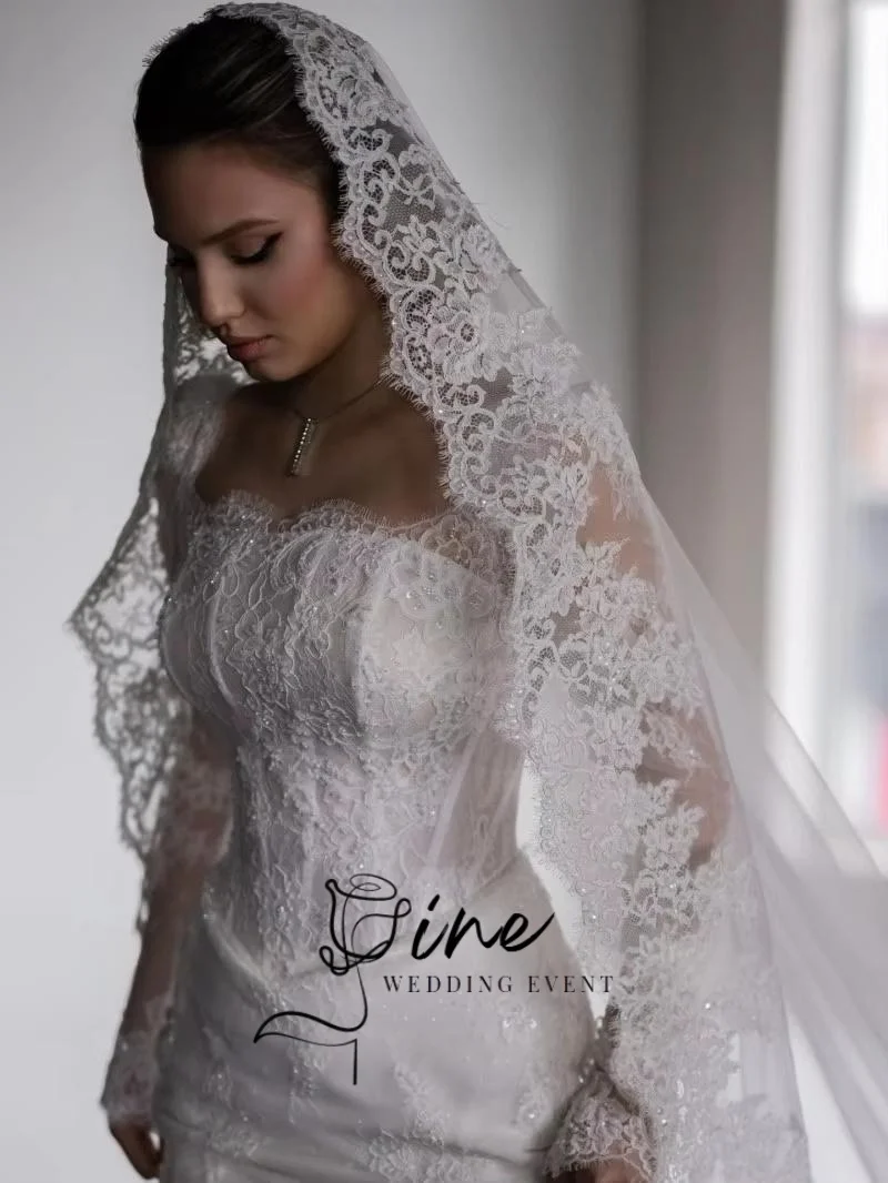 Oine Spitzen-Meerjungfrauen-Hochzeitskleid Quadratischer Ausschnitt Langarm Pailletten-Brautkleid 2026 Bodenlang Maßgeschneidert Vestidos De Novia