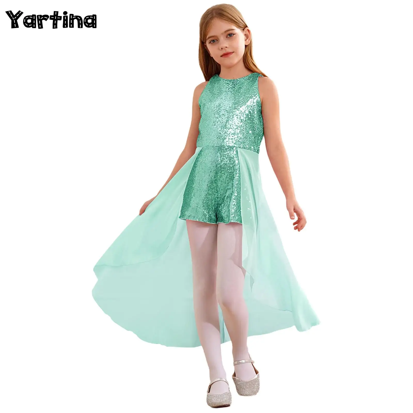 

Kids Girls Sparkly Sequin Ballet Tutu Party Dress Jumpsuit Round Neck Sleeveless Long Chiffon Dance Overlay Skirt Dress Romper