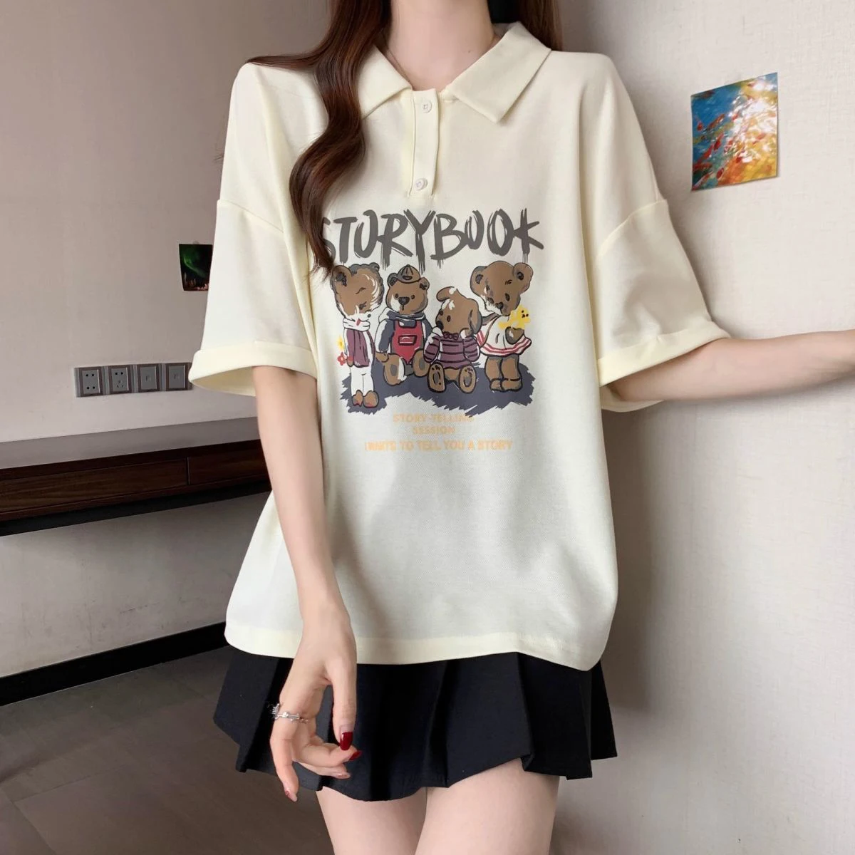 القطن الخالص الكرتون الدب طباعة Ne ort Sve تي شيرت المرأة فضفاضة تناسب الصيف جديد Sle التخسيس الأعلى الكورية Sle #2