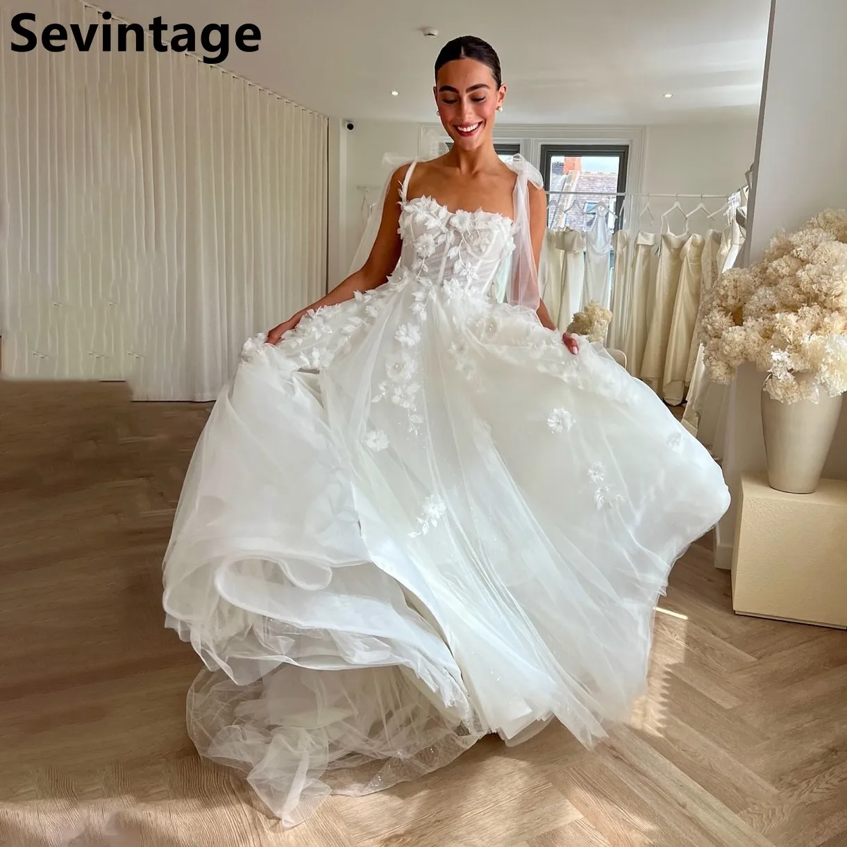 Sevintage 2025 Boho Beach vestido de novia de tul flores 3D tren de barrido tirantes espagueti elegante una línea vestidos de novia personalizados