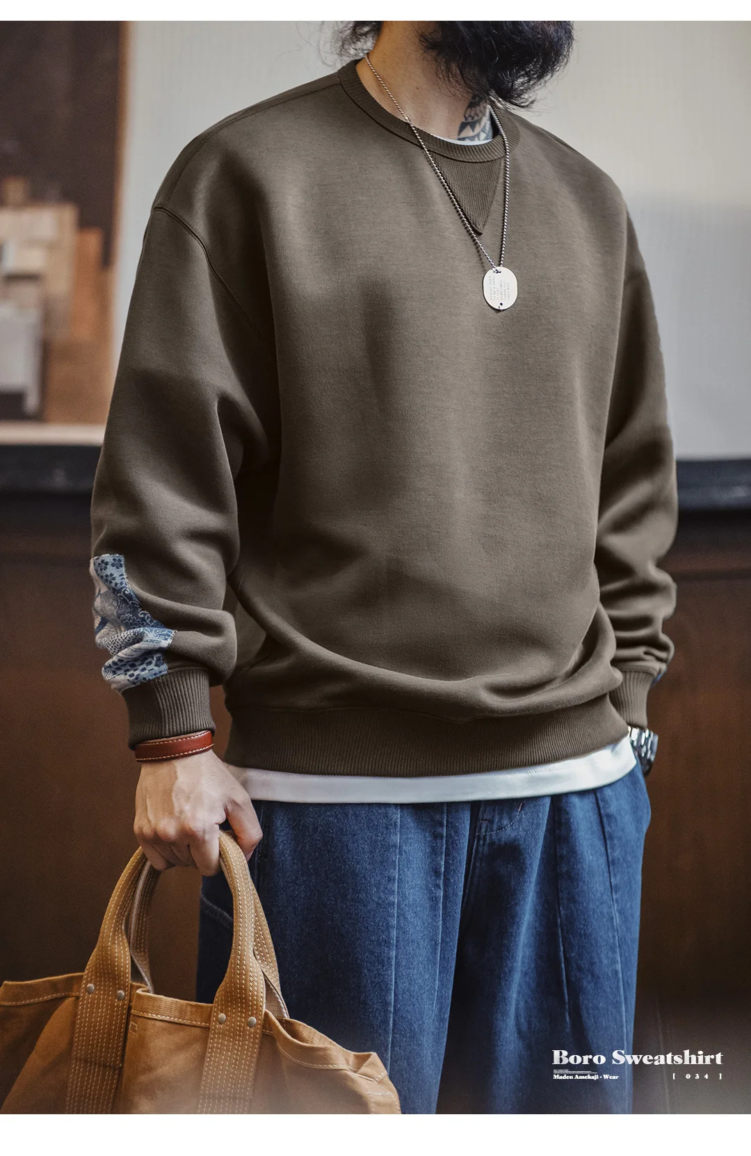 Boro Patchwork Sweatshirt — Japanese-Inspired Sashiko Sleeve — Brown & Cream Sbcba05b687204ceb990e8b6403841dfb3