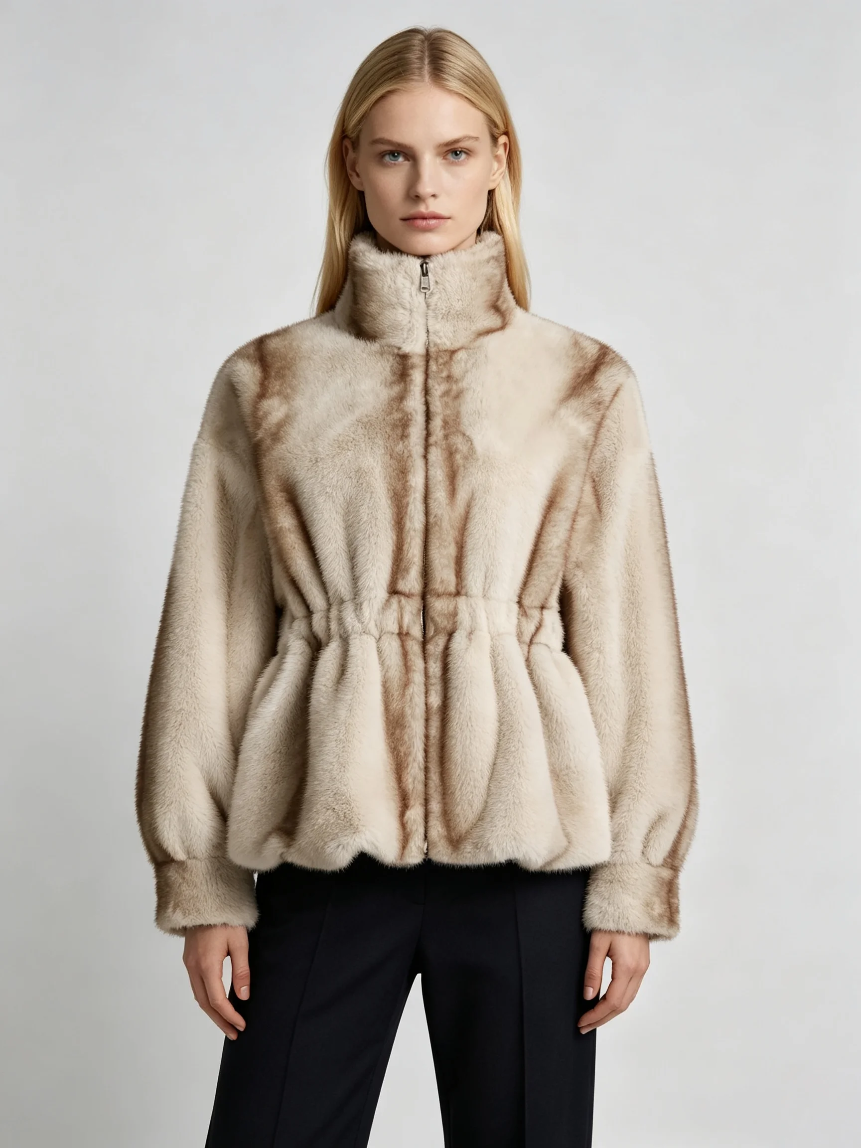 LIMO Drawstring Waist Women Faux Mink Fur Coat Stand Collar Zipper Fluffy Long Sleeve Jacket