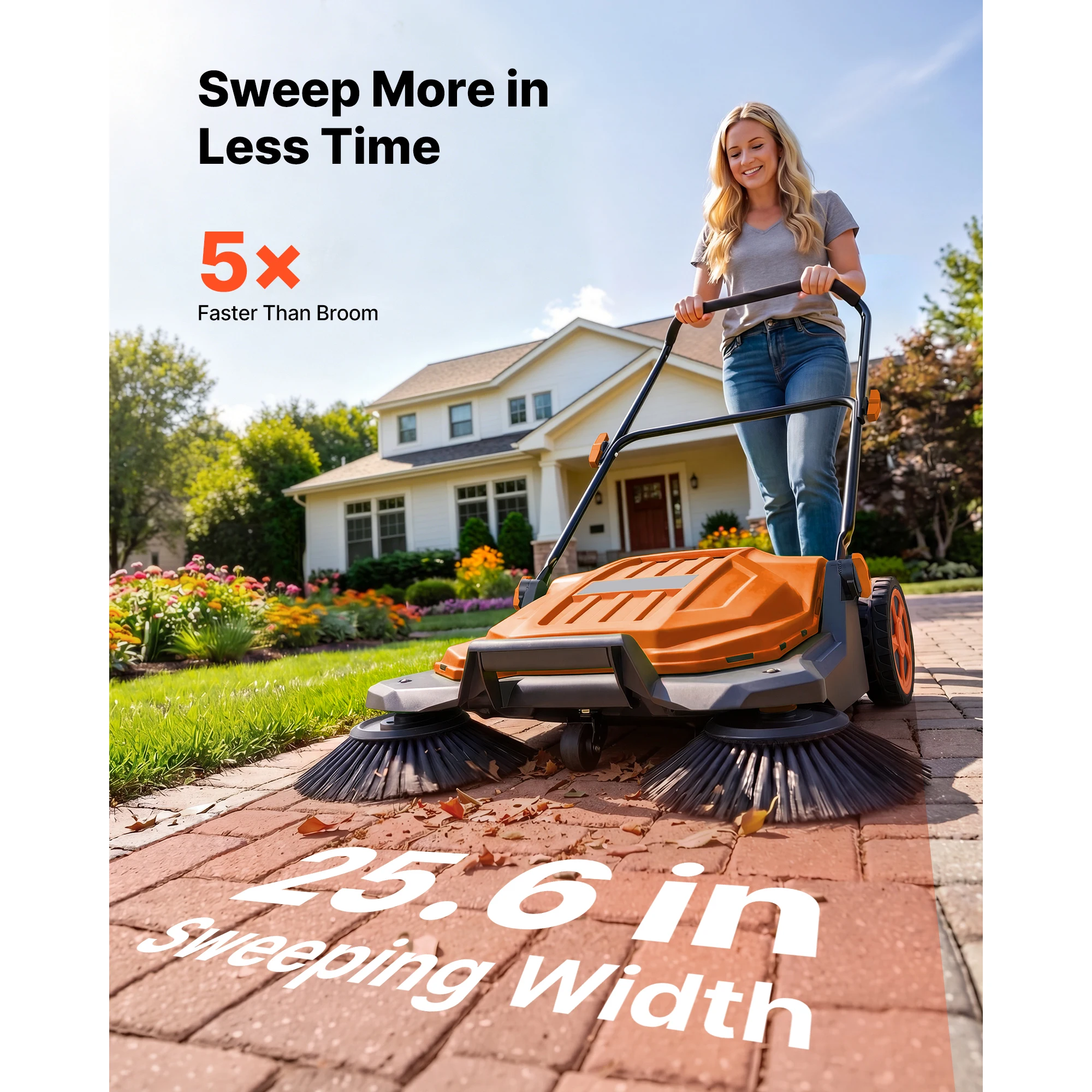 Walk-Behind Hand Push Floor Sweeper, Manual Floor Sweeper Non-Electric with 25.6