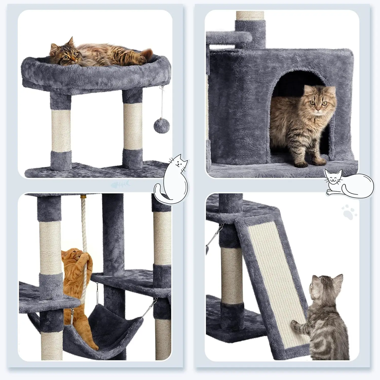 Yaheetech Large Multi-Level Cat Tree, 63 Inches Tall with Sisal-Covered Scratching Posts, Condo, Hammock, Dangling Ball,