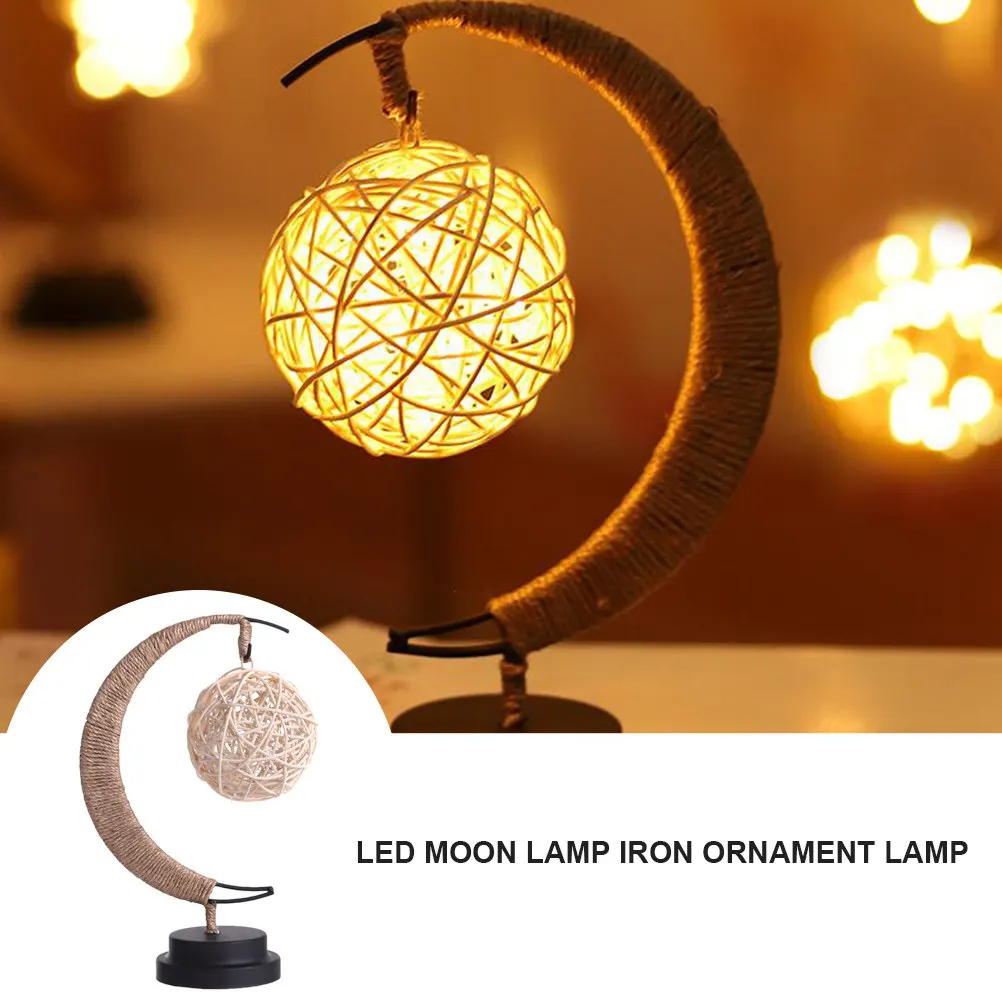 

1Pcs Retro Moon Shape Lamp Powered Night Light Home Bedroom Bar Decorative Lantern Rattan Ball Iron Art Lamp