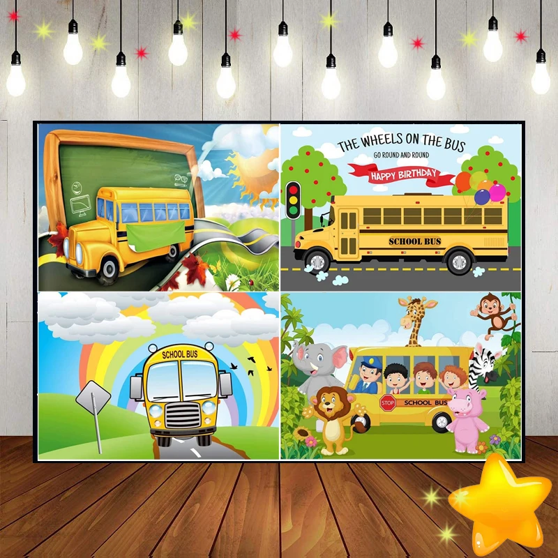 School Bus Yellow Wheels Bus Kindergarten Surprise Custom Birthday Backdrop Background Party Photography Backdrops Banner Photo