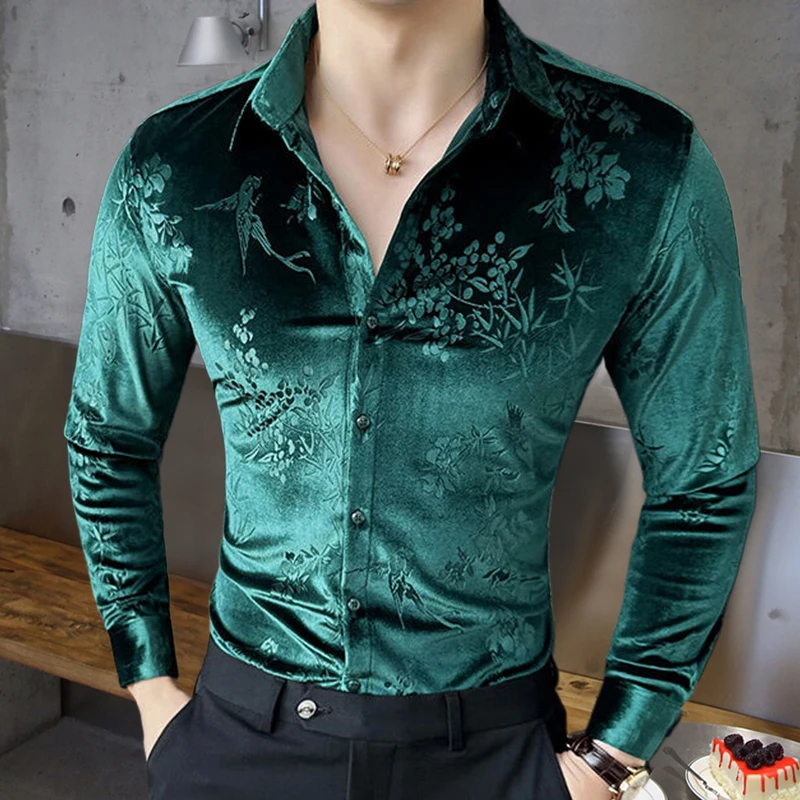 Luxury Korean Men Long Sleeved Shirt Spring Flower Print Shirt Casual Dress Shirt Social Party Tuxedo Men Clothing Camisa Hombre