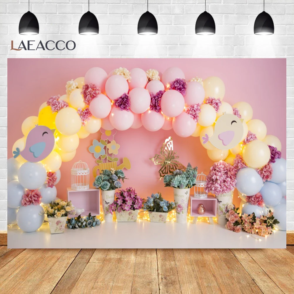 Flowers Butterfly Girls Birthday Backdrop Balloons Arch Door Baby Shower Cake Smash Portrait Photography Background Photo Studio