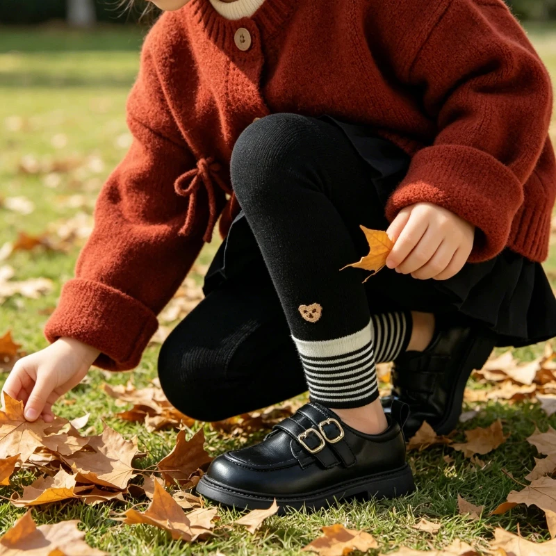 

Children Lovely Striped Bear Nine‑Point Pants Spring Autumn Soft Breathable High Elastic Trousers Ideal for Children Daily Wear