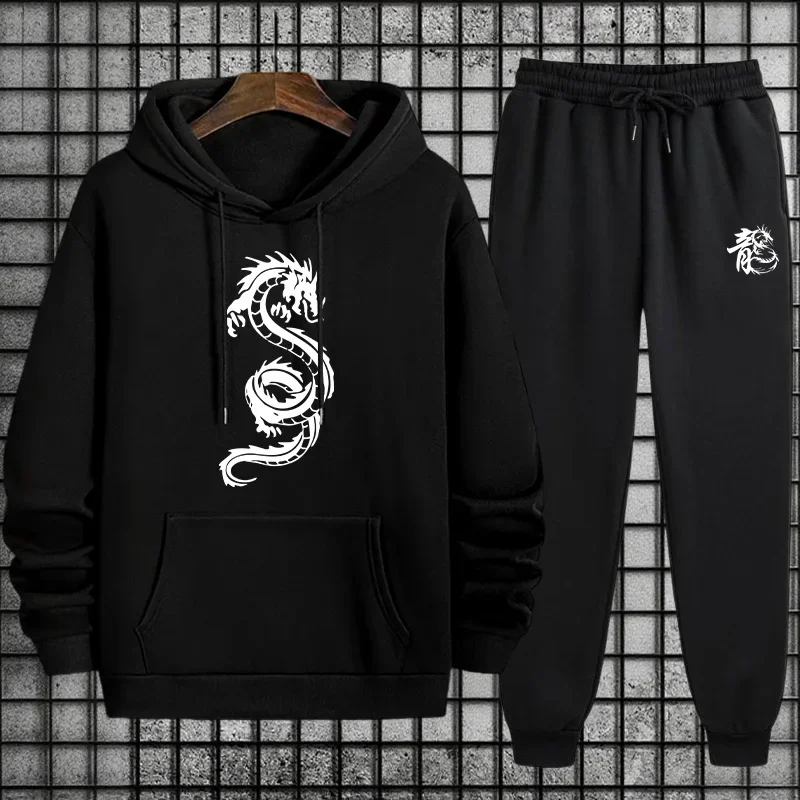2026 Versatile Men's Sportswear Set Chinese Dragon Print Hoodie and Jogger for Various Activities Fall Winter Casual Sports Suit