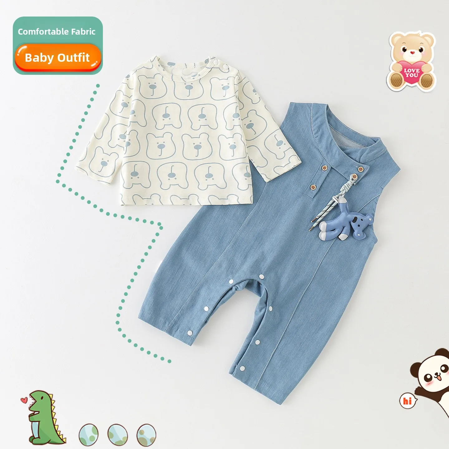 

Adorable Baby Boy Spring Outfit Cartoon Denim Onesie Set Warm Long Sleeve round Neck Pure E-commerce Newborn Going out Clothes