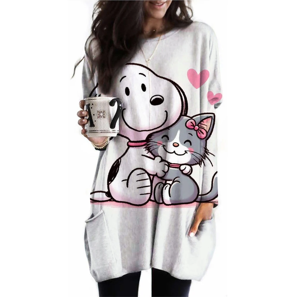 Snoopy Cartoon Anime Women Pullover Spring Autumn Women Round Neck Hoodie Clothes 2024 New Fashion White Couple Sweatshirt Tops