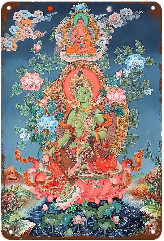 1p, Madre Dea Verde Tara Tibetano Thangka Decorativo Retro Targa in metallo Decorazione da parete Divertente Targa in metallo in metallo Poster per Bar Cafe-image