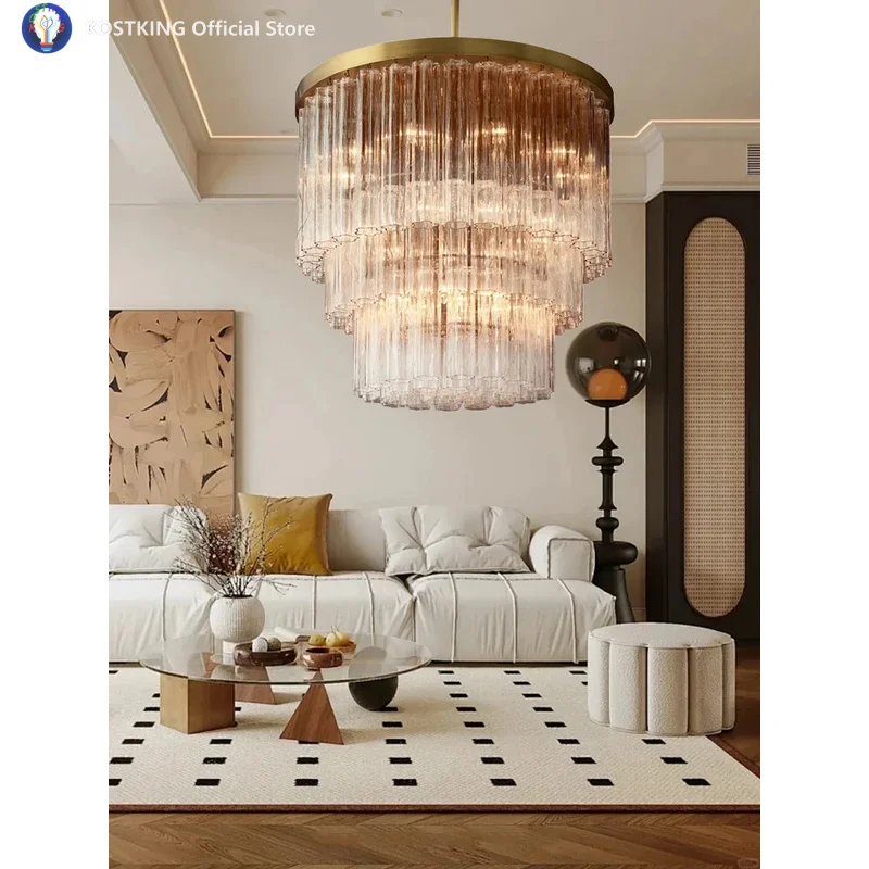 Bronze All Copper Luxury Glass Tube Pendant Lighting 2024 Home Decor Large Hanglamp over Dining Table Lustres Lamparas