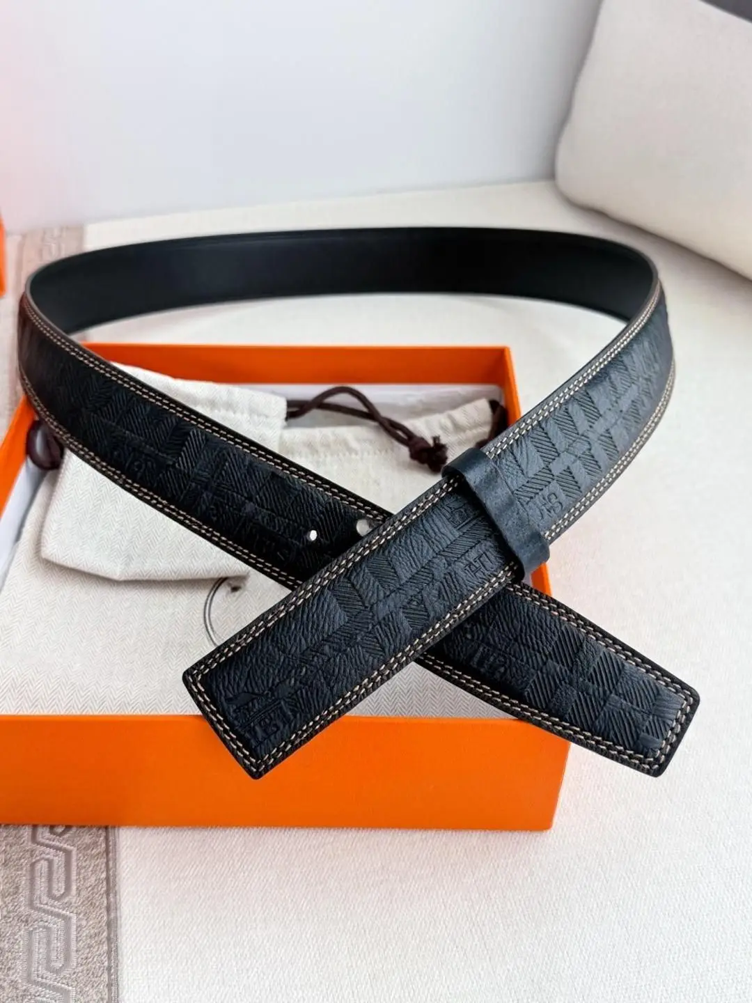 Unisex Reversible Black Embossed Pattern Leather Belt Strap Without Buckle, Smooth Black Inner, Pre-punched Holes, Cowhide Waist Belt Replacement Band
