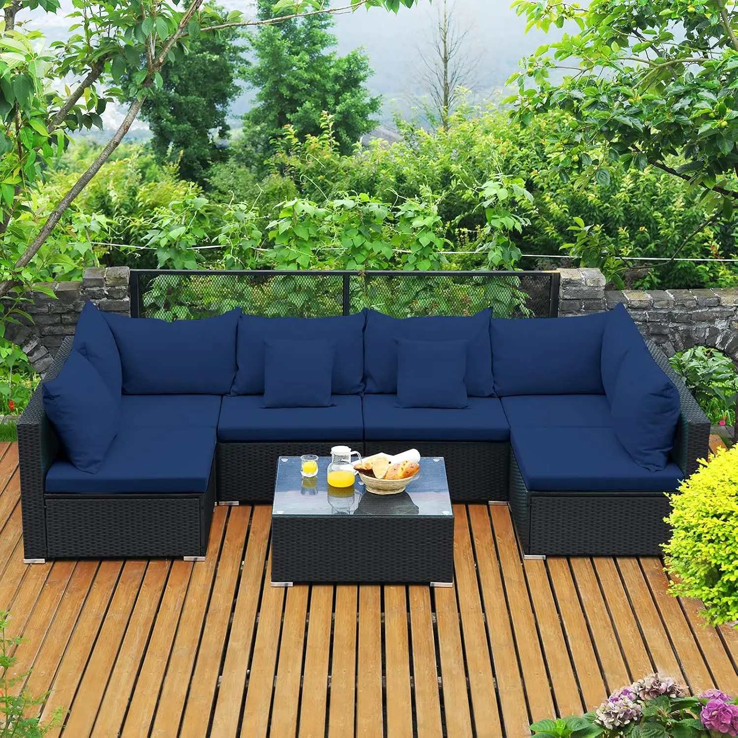 

7 Piece Patio Furniture Set, Outdoor Sectional Sofa Pillows and Cushions, Wicker Sofa Conversation Set with Coffee Table