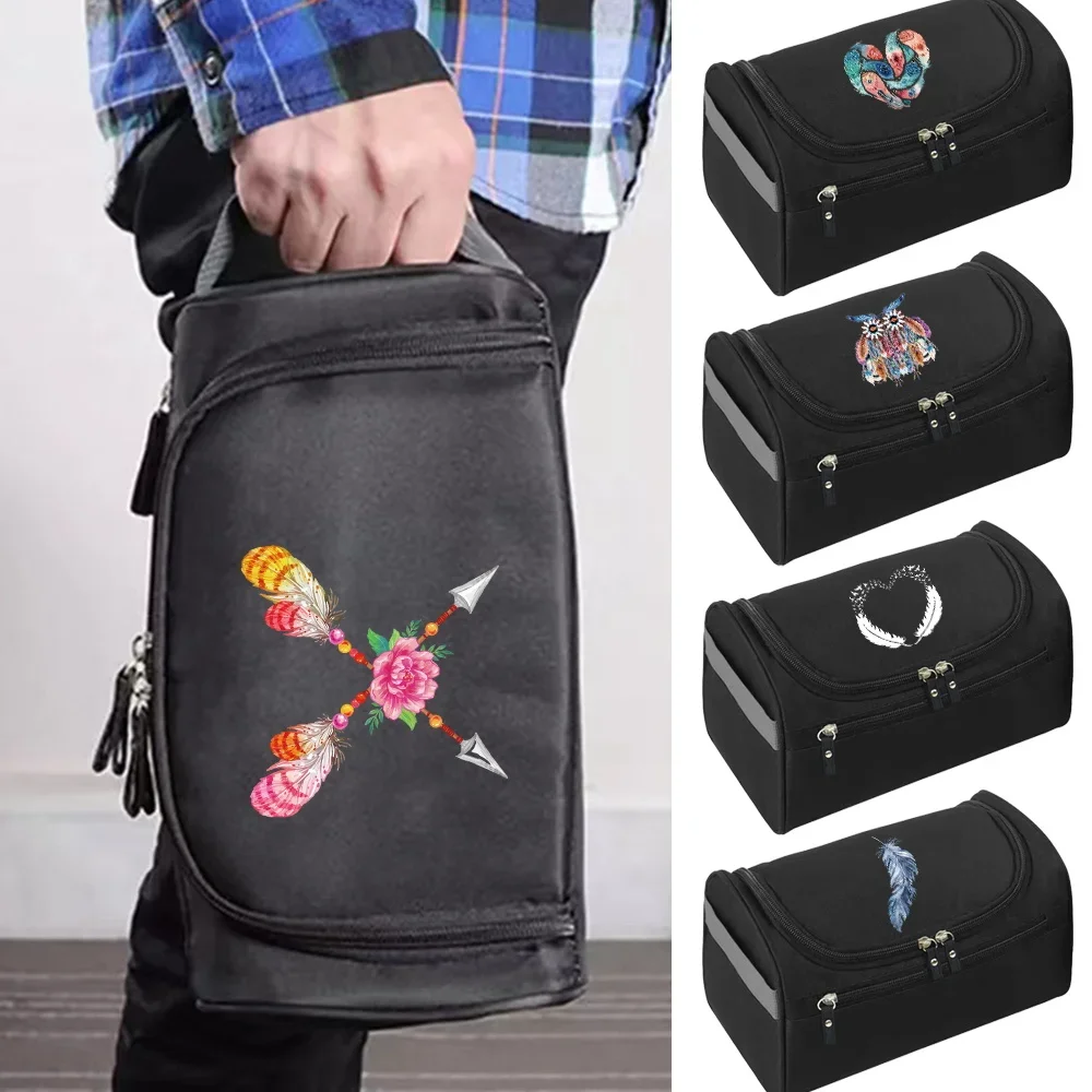 

Cosmetic Pack Makeup Wash Bags New Women Hook Up Toiletry Bag Travel Organizer Camping Make Up Case Feather Print Handbag
