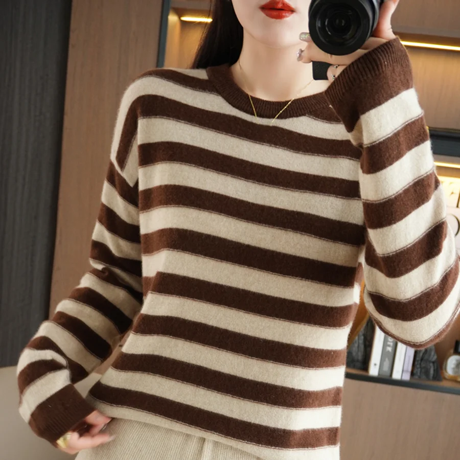 O-Neck Stripe Pullovers for Women Spring Summer Long Sleeve Casual Cotton Soft Thin Sweater T Shirt Girl Korea Fashion Tops