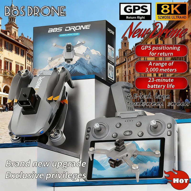2025 New B8S Drone 8K Professional GPS positioning HD Dual Camera Photography 2KM Brushless Foldable Large Screen RC Quadcopter