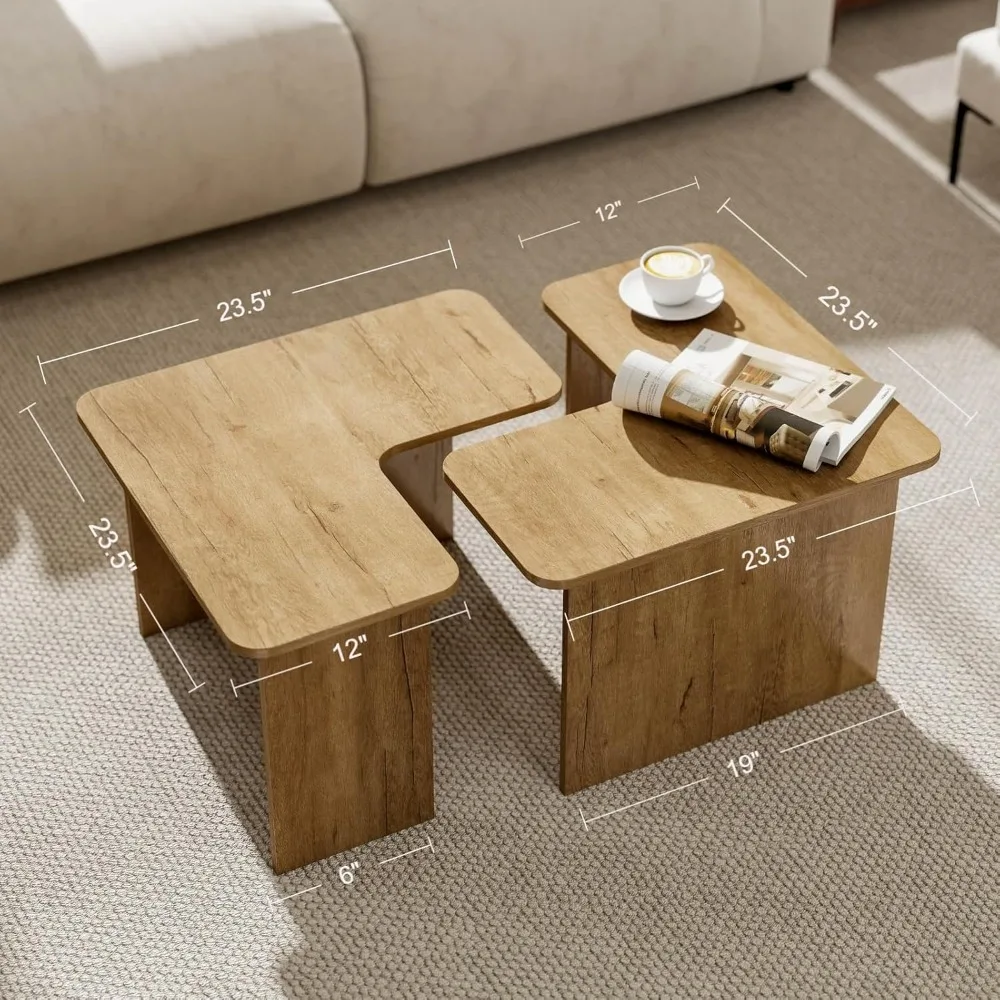 Nesting Coffee Table Set of 2, Natural Wooden L-Shape Square Coffee Table, Small Center Table End Table Sets